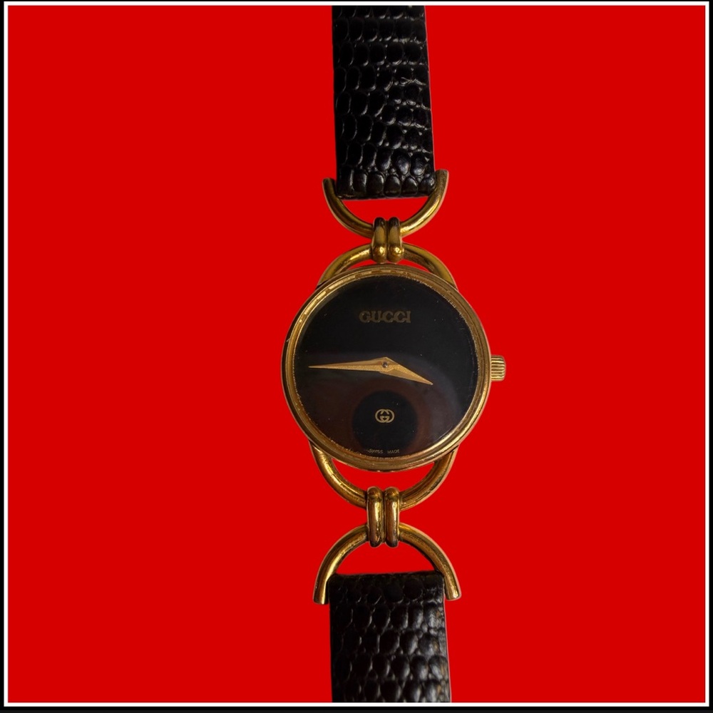 GUCCI VINTAGE 6000L Black & Gold Leather Strap Watch - Picture 5 of 11